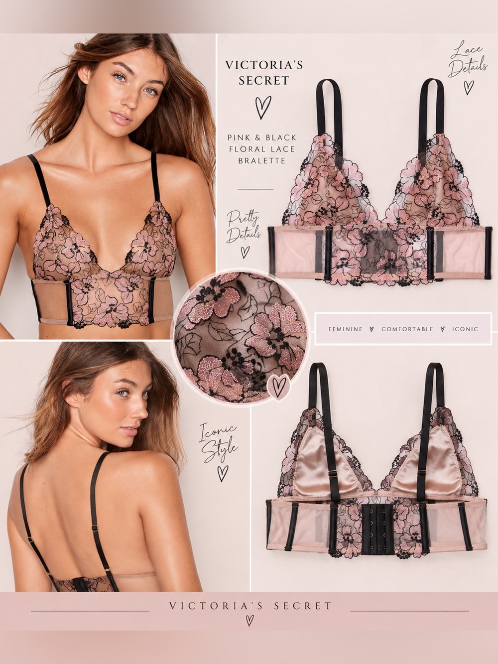 Victoria's Secret Pink and Black Floral Lace Bralette